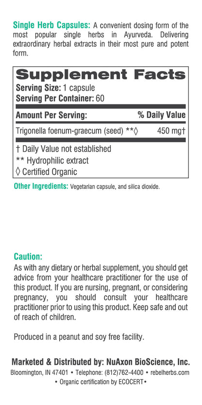 Organic fenugreek vegetarian capsules by BACKUPMYFILESNOW® for women's health, shown in a bottle with capsule tablets.