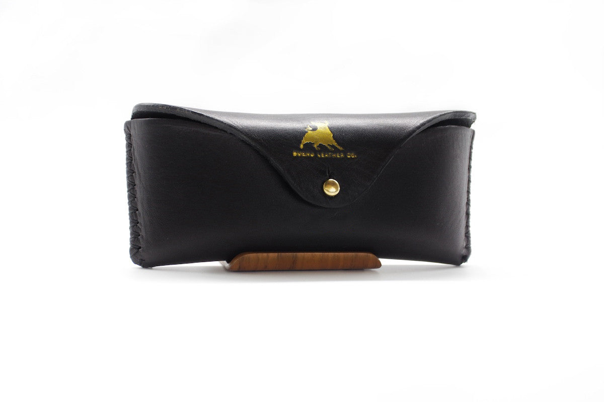 Bueno Leather Co. BLCO® handmade sunglasses case in brown leather with stitching, designed to protect and store sunglasses.