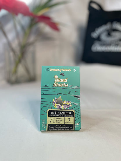 Six ISLAND SHARKS CHOCOLATE Hawai'i Inclusion Bars in assorted flavors, showing colorful packaging and variety of chocolate treats.