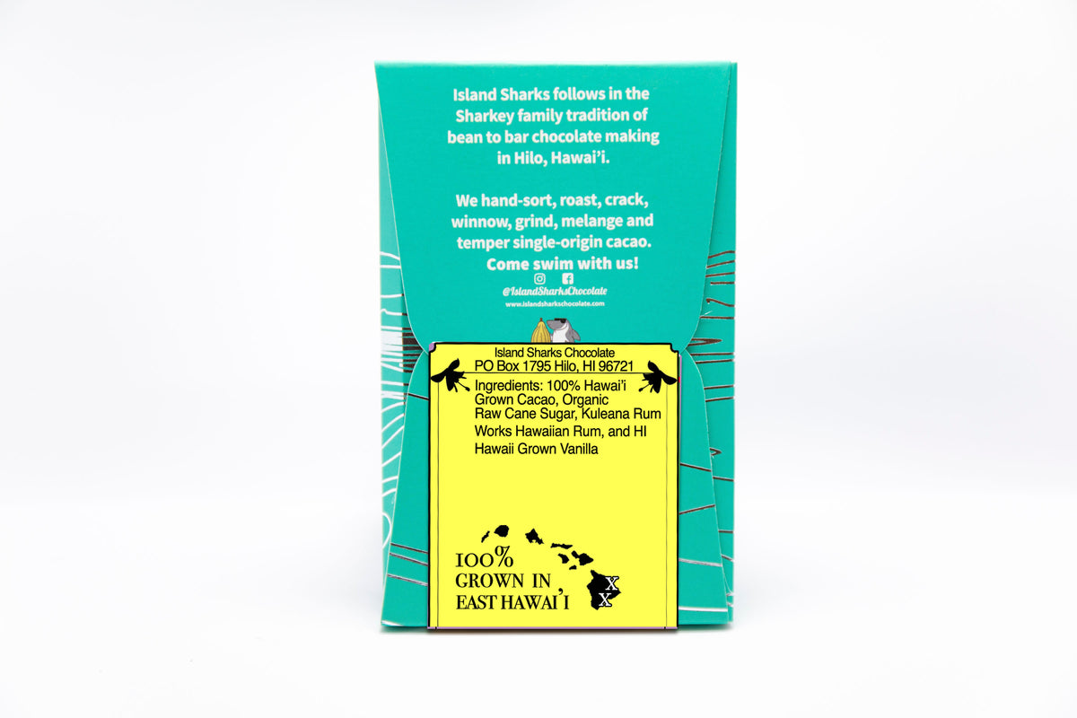 ISLAND SHARKS CHOCOLATES Kuleana Rum 71% Hawaiian Cacao dark chocolate bar with Hawaiian vanilla, showcasing rich cacao and vanilla beans.