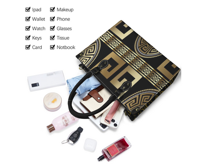 Women's handbag with original Greek design from Atelier Evezet Arapakou, featuring intricate patterns and stylish craftsmanship.