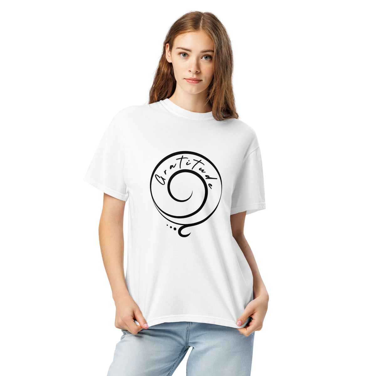 Black BACKUPMYFILESNOW® Gratitude Spiral Symbol T-Shirt with mindfulness and sacred geometry design, positive energy graphic on front.