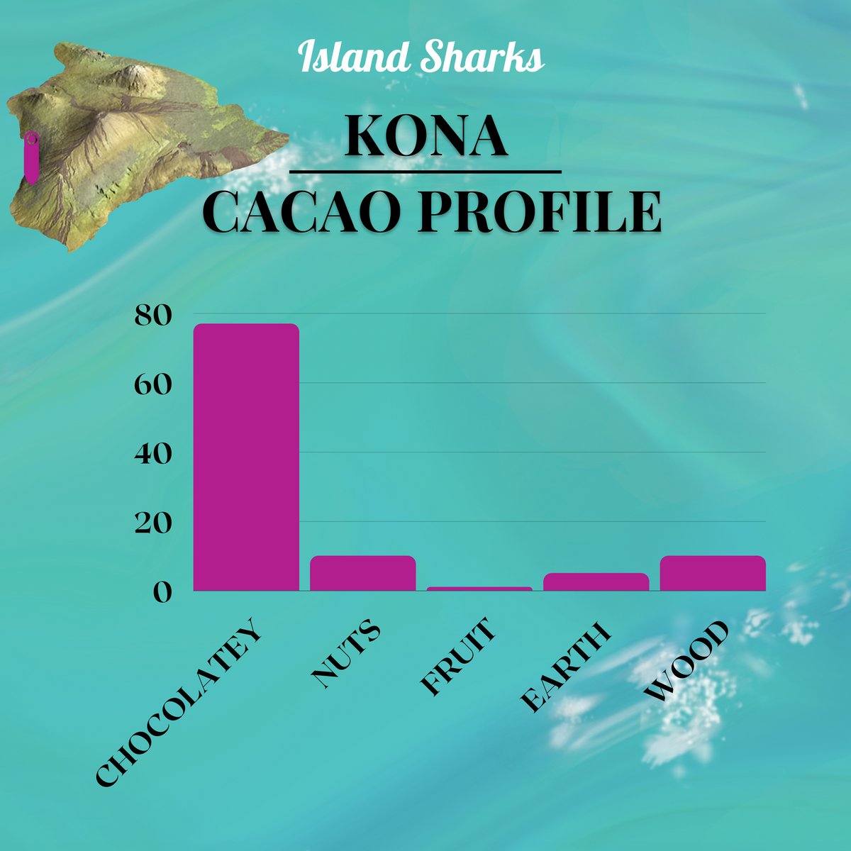Dark chocolate bar with Hawaiian vanilla and cacao beans, from ISLAND SHARKS CHOCOLATE's Kuleana Rum 71% Hawaiian Cacao collection.