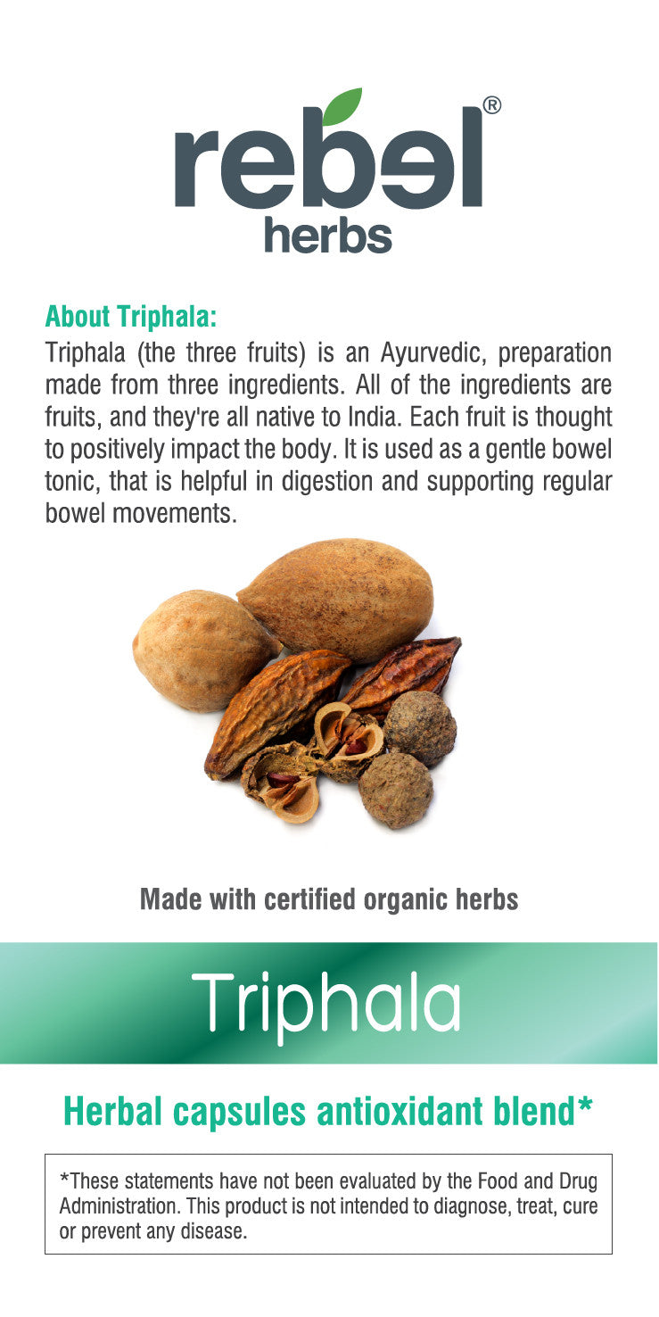 Triphala capsules for digestion from BACKUPMYFILESNOW®, showing a bottle of herbal supplement capsules on a white background.