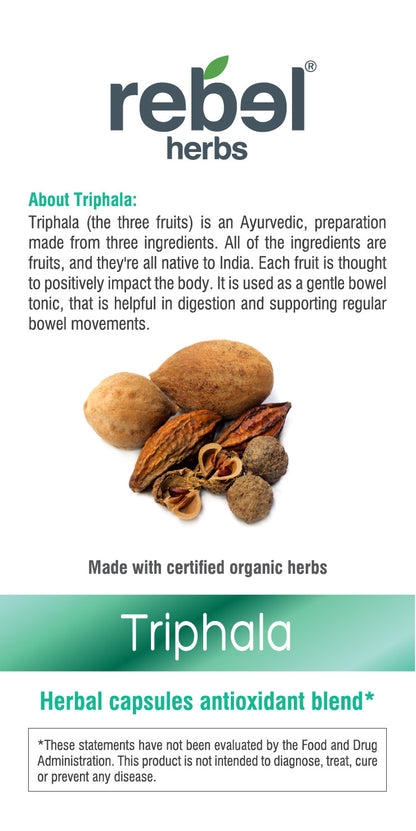 Triphala capsules for digestion from BACKUPMYFILESNOW®, showing a bottle of herbal supplement capsules on a white background.
