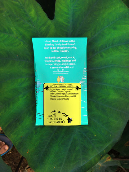 ISLAND SHARKS CHOCOLATE Kuleana Rum 71% Hawaiian Cacao dark chocolate bar with vanilla, showcasing rich cacao beans and vanilla beans.