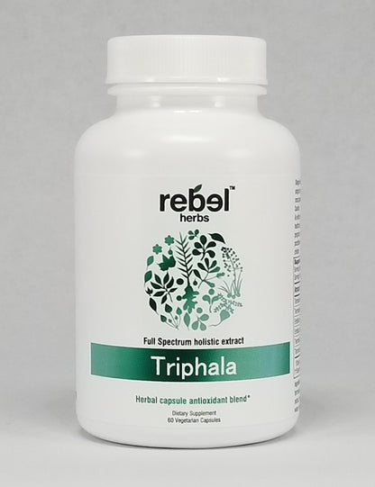 BackUPMYFILESNOW® Triphala capsules for digestion, showing a bottle of herbal supplement capsules on a white background.