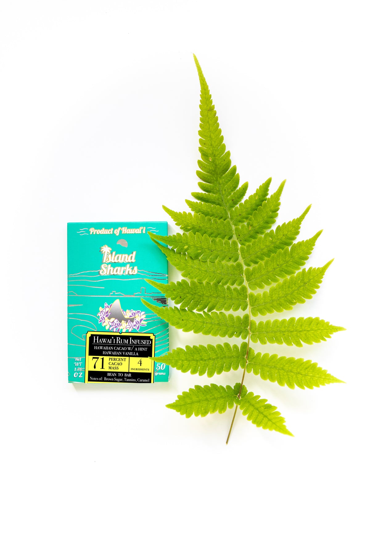 ISLAND SHARKS CHOCOLATE Kuleana Rum 71% Hawaiian Cacao dark chocolate bar with Hawaiian vanilla, bean to bar cacao and tea product