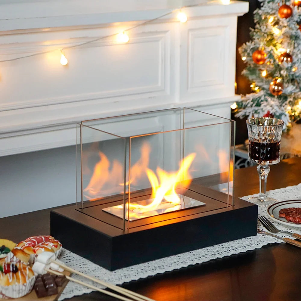 JHY DESIGN rectangular tabletop fireplace with 360° view, four-sided glass, gel and ethanol fire bowl for indoor use