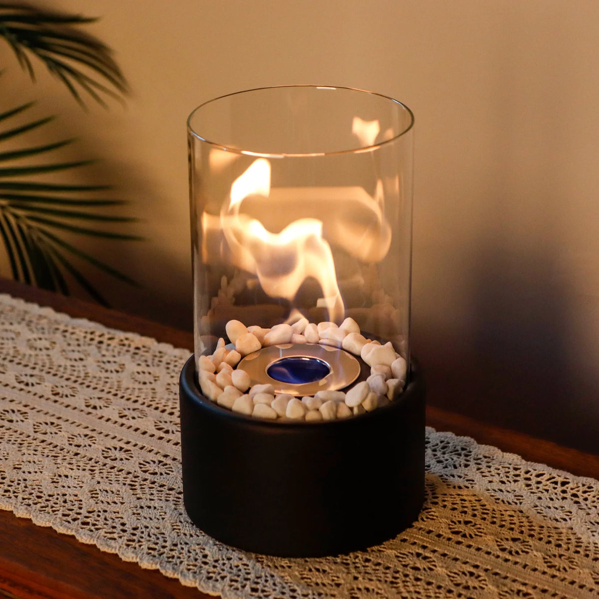 Black 10.5-inch portable tabletop round fireplace by JHY DESIGN, ideal for gel and ethanol fire features.