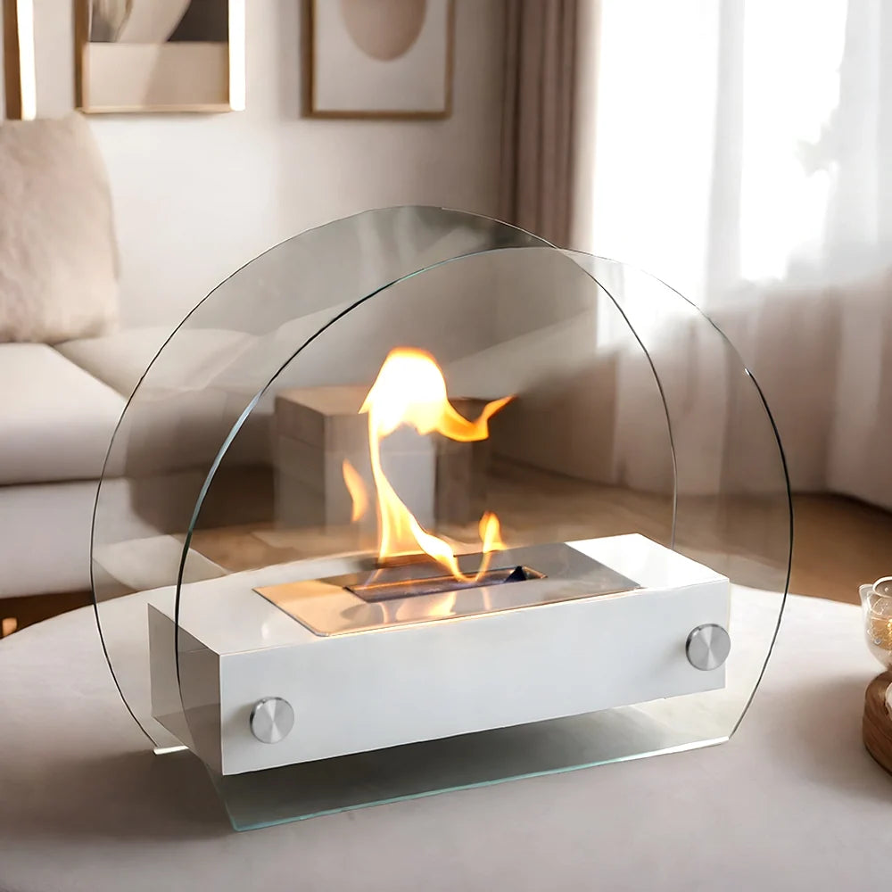 White 13.5-inch portable tabletop fireplace by JHY DESIGN featuring gel and ethanol burners for outdoor use.
