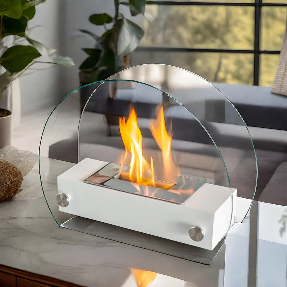 White 13.5-inch portable tabletop fireplace from JHY DESIGN, featuring a gel and ethanol fire bowl for outdoor use.