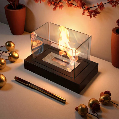 Rectangular tabletop fireplace fire bowl with four-sided glass, gel and ethanol compatible, by JHY DESIGN.