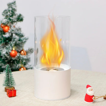 JHY DESIGN portable tabletop firepit with cylindrical glass enclosure and gel/ethanol fuel, suitable for indoor or outdoor use
