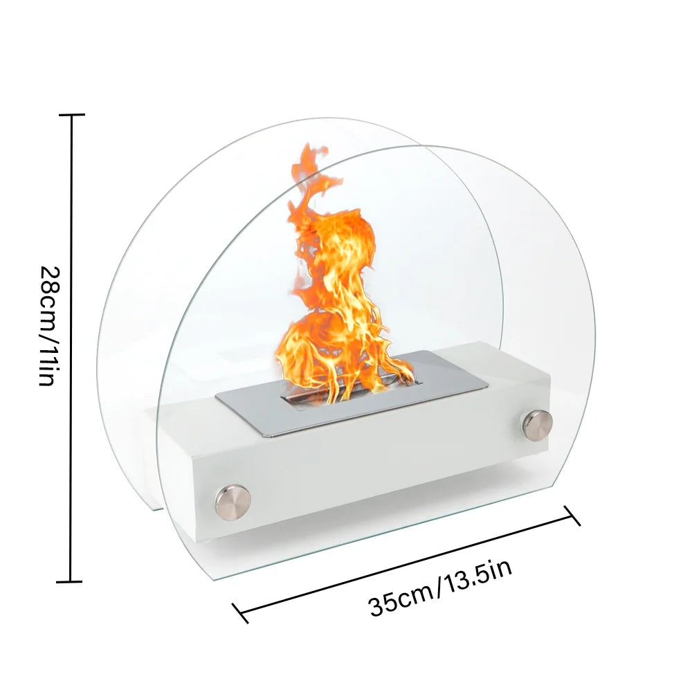 White 13.5-inch portable tabletop fireplace by JHY DESIGN, featuring gel and ethanol fire options for indoor or outdoor use.