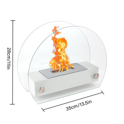 White 13.5-inch portable tabletop fireplace by JHY DESIGN, featuring gel and ethanol fire options for indoor or outdoor use.