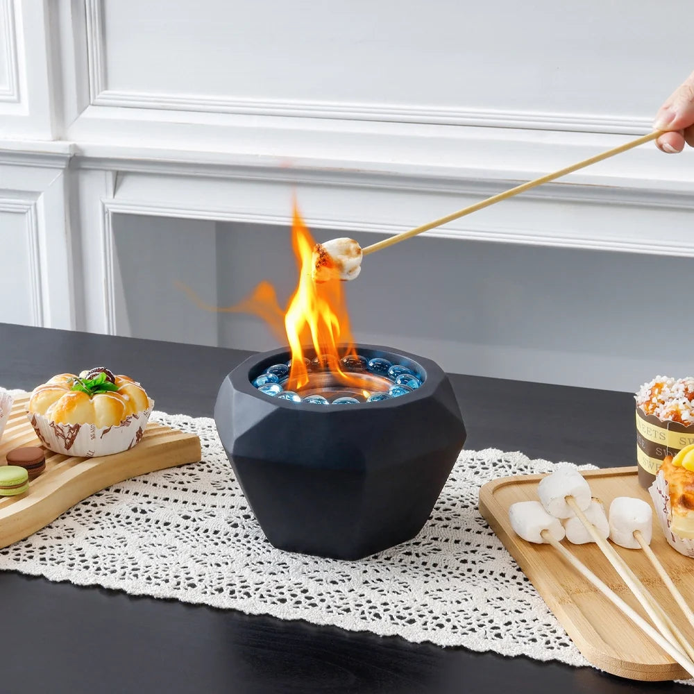 Portable 6"x4" JHY DESIGN cement tabletop fireplace with gel and ethanol fire features, ideal for indoor or outdoor use.