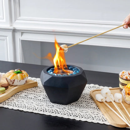 Portable 6"x4" JHY DESIGN cement tabletop fireplace with gel and ethanol fire features, ideal for indoor or outdoor use.