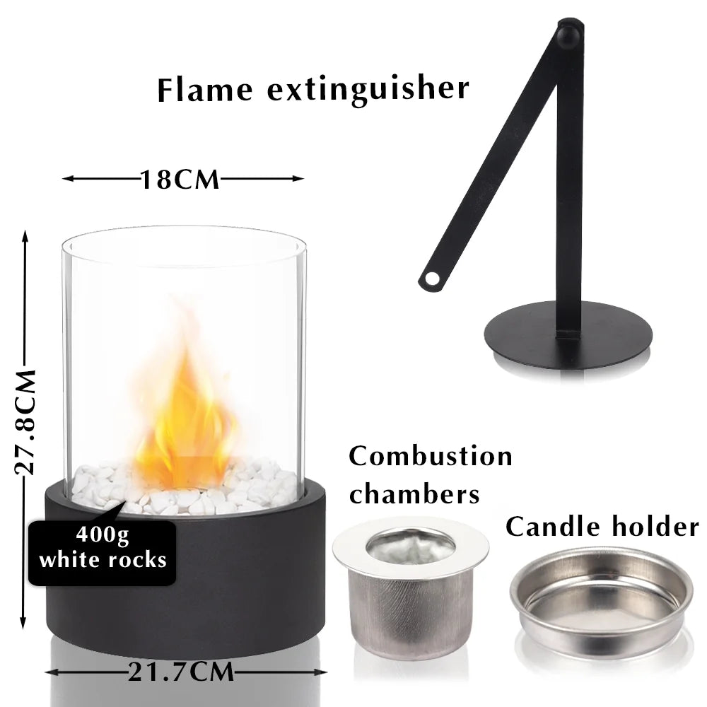 JHY DESIGN large portable tabletop fire bowl with gel and ethanol, ventless indoor/outdoor fire pit, 22x28cm with flames visible.