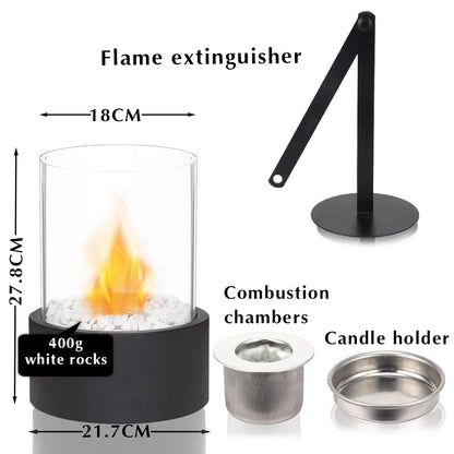 JHY DESIGN large portable tabletop fire bowl with gel and ethanol, ventless indoor/outdoor fire pit, 22x28cm with flames visible.