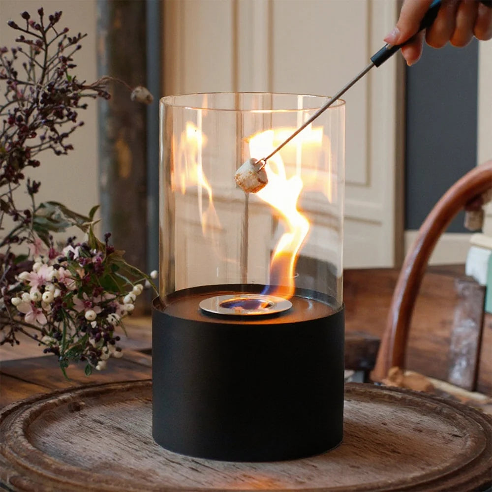 JHY DESIGN 11.5-inch high tabletop fire bowl with gel and ethanol fireplace, featuring a sleek design and glowing flame.