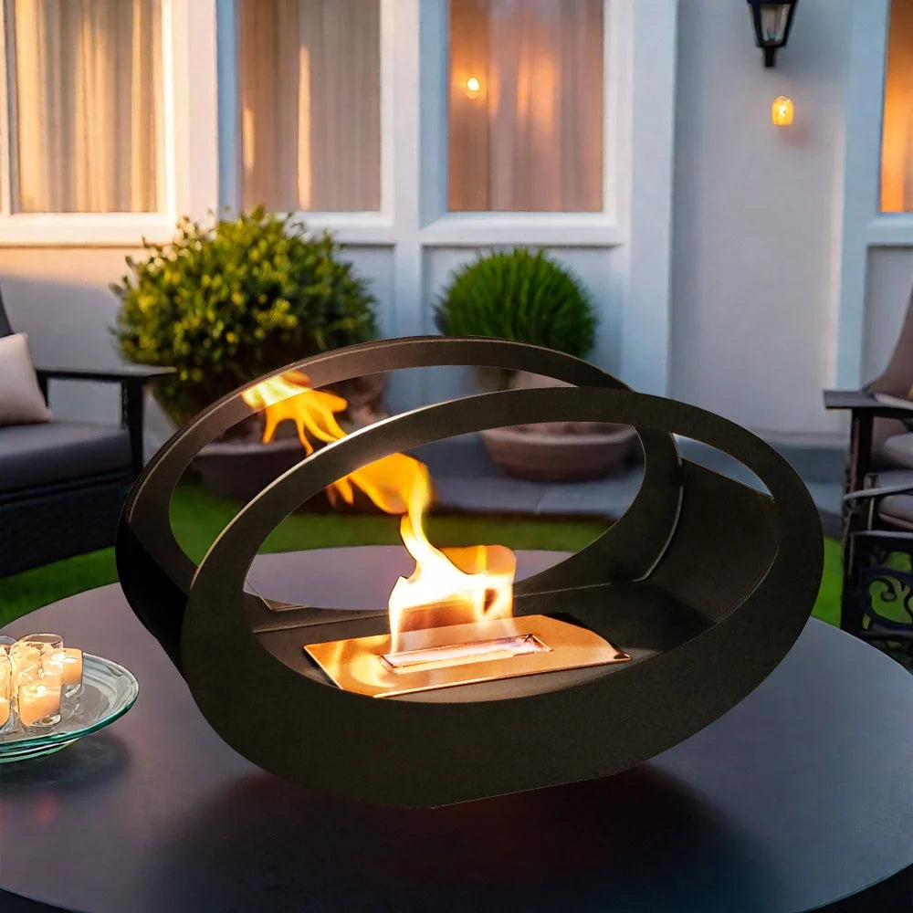 Black metal tabletop fireplace by JHY DESIGN, 16x9.5 inches, gel and ethanol fire feature, compact and modern design.