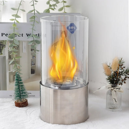 JHY DESIGN portable tabletop firepit with cylindrical shape, glass sides, designed for gel and ethanol fireplaces.