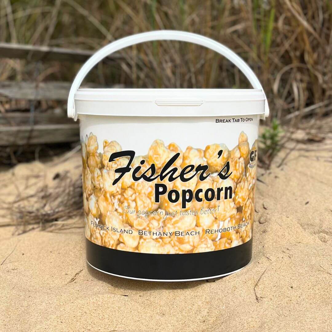 Fisher's Popcorn caramel popcorn tub, 1.2-gallon size, featuring a large, colorful popcorn tub with the Fisher's Popcorn logo.