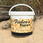 Fisher's Popcorn caramel popcorn tub, 1.2-gallon size, featuring a large, colorful popcorn tub with the Fisher's Popcorn logo.