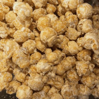 Fisher's Popcorn caramel popcorn tub, 1.2 gallons, large popcorn tub with Fisher's Popcorn branding and caramel popcorn inside.