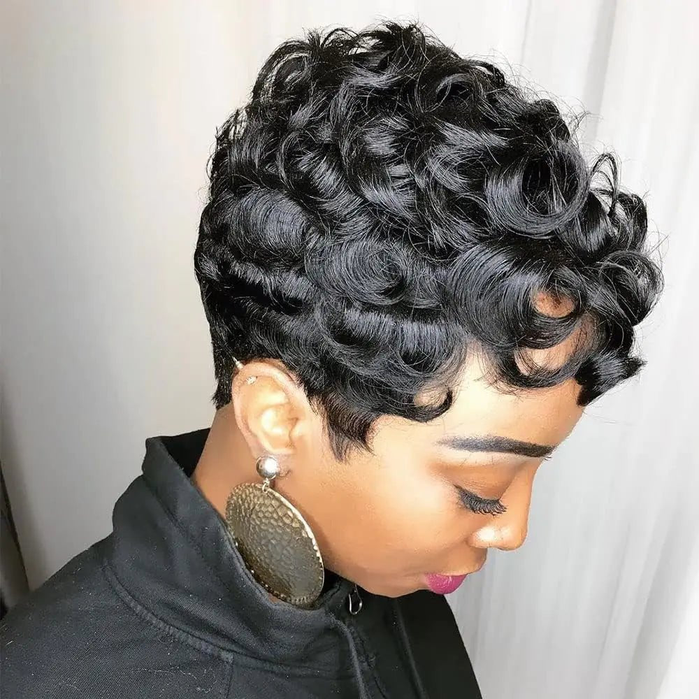 Flandi Pixie Cut Wigs Human Hair Wigs Short Curly Pixie Cut Wigs For Black Women None Lace Front Wig Human Hair Wigs Brazilian Virgin Human Hair Full Machine Made Black Color - BACKUPMYFILESNOW