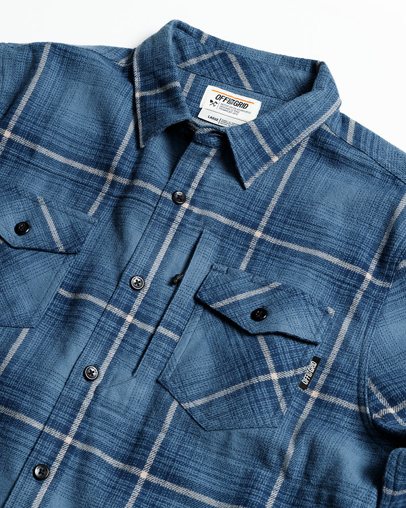 Pale blue Destroyer Flannel shirt by Off The Grid Surplus with a soft, cozy fabric and button-up front.