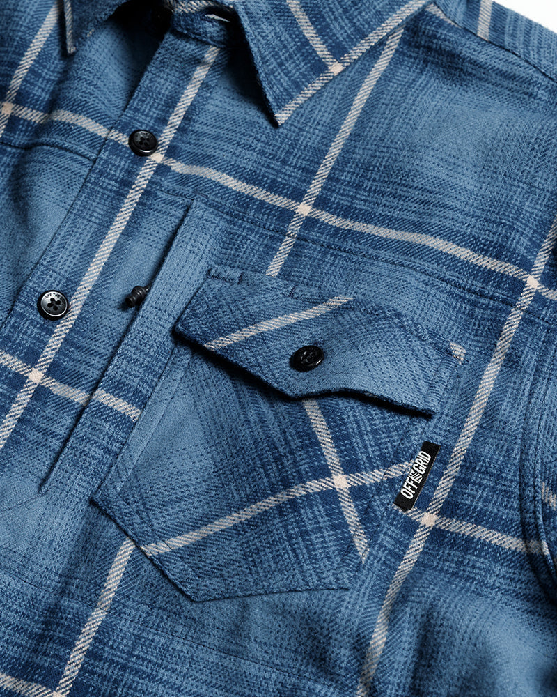 Pale blue Off The Grid Surplus Destroyer Flannel shirt with a soft, classic flannel design and button-up front.