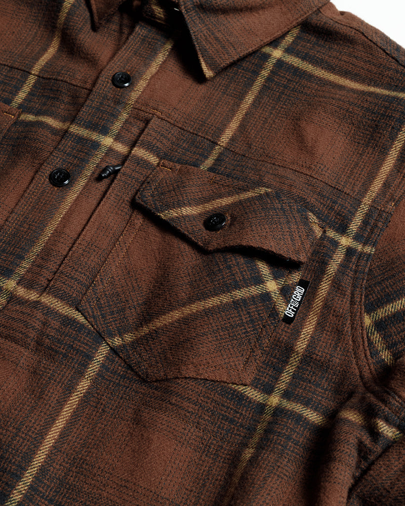 Burnt brown Destroyer Flannel by Off The Grid Surplus, soft plaid shirt with a relaxed fit and button-up front.