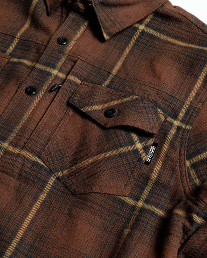 Burnt brown Destroyer Flannel by Off The Grid Surplus, soft plaid shirt with a relaxed fit and button-up front.