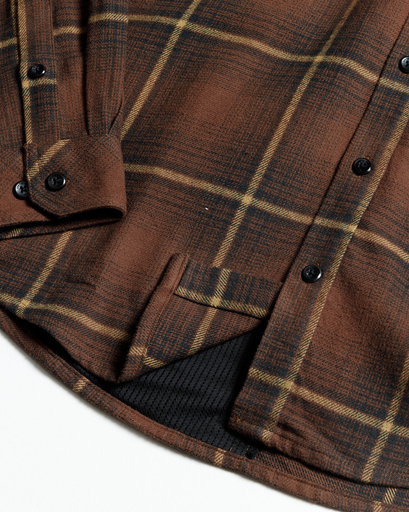 Burnt brown Off The Grid Surplus Destroyer Flannel shirt with classic plaid pattern and button-up front.