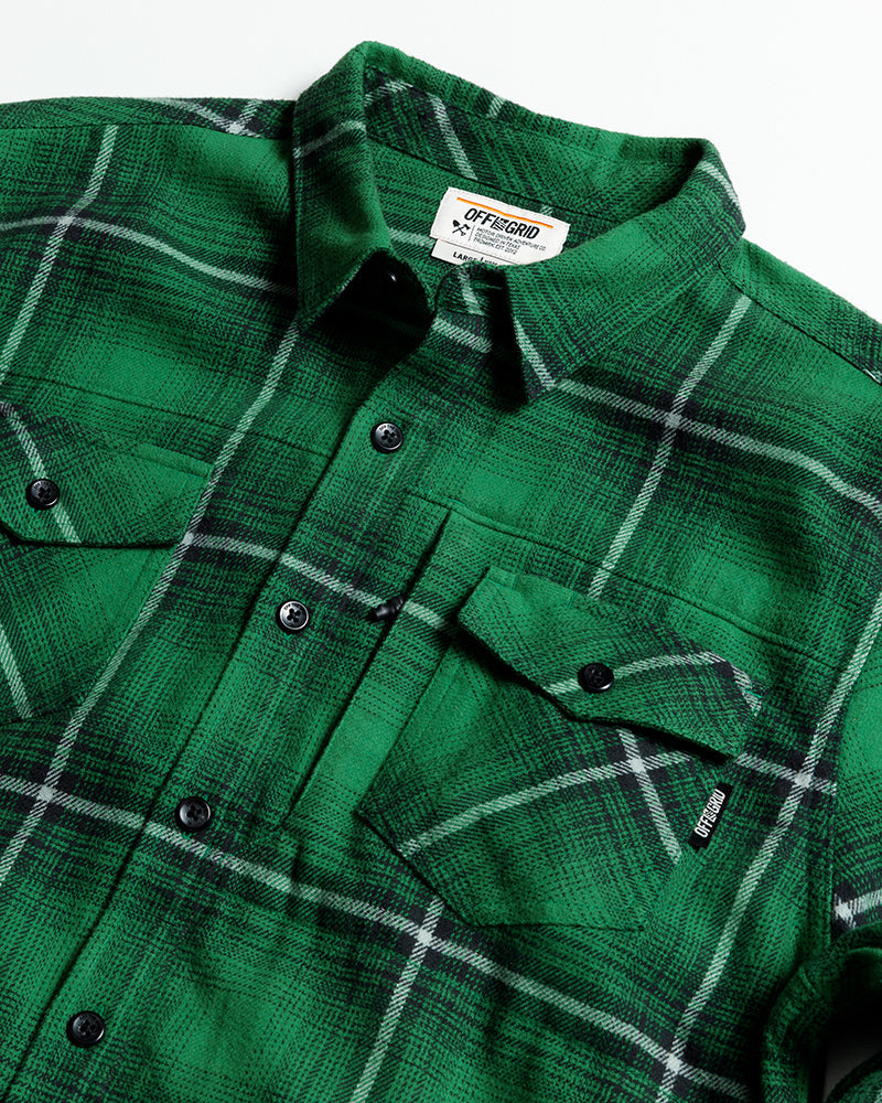 Green Destroyer Flannel from Off The Grid Surplus, featuring a classic plaid design and soft cotton fabric.