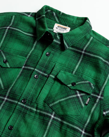 Green Destroyer Flannel from Off The Grid Surplus, featuring a classic plaid design and soft cotton fabric.