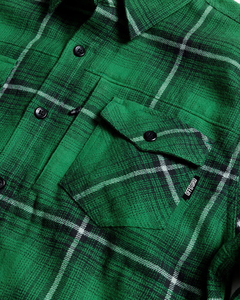 Green Destroyer Flannel by Off The Grid Surplus, a cozy plaid shirt with a button-up design and classic flannel style.
