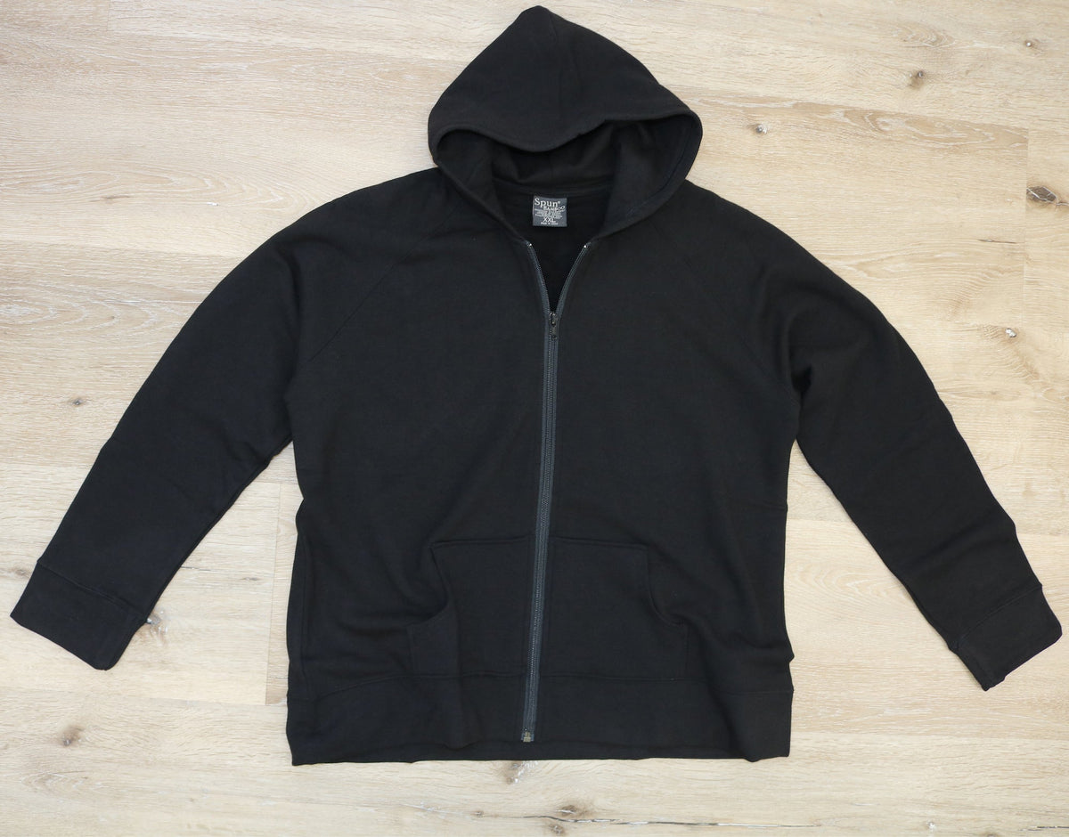 Black women's fleece hoodie by Spun Bamboo with cozy bamboo fleece fabric and a casual, relaxed fit.