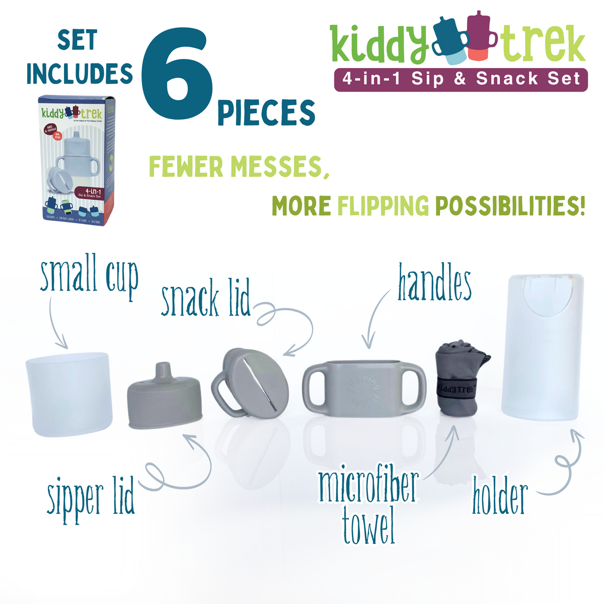Flipping Holder KiddyTrek 4-in-1 nursing and feeding set with raspberry food pouch, juice box holder, snack cup, and sip cup.