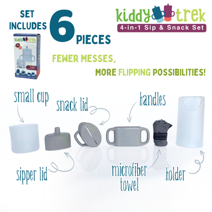 Flipping Holder KiddyTrek 4-in-1 nursing and feeding set with raspberry food pouch, juice box holder, snack cup, and sip cup.