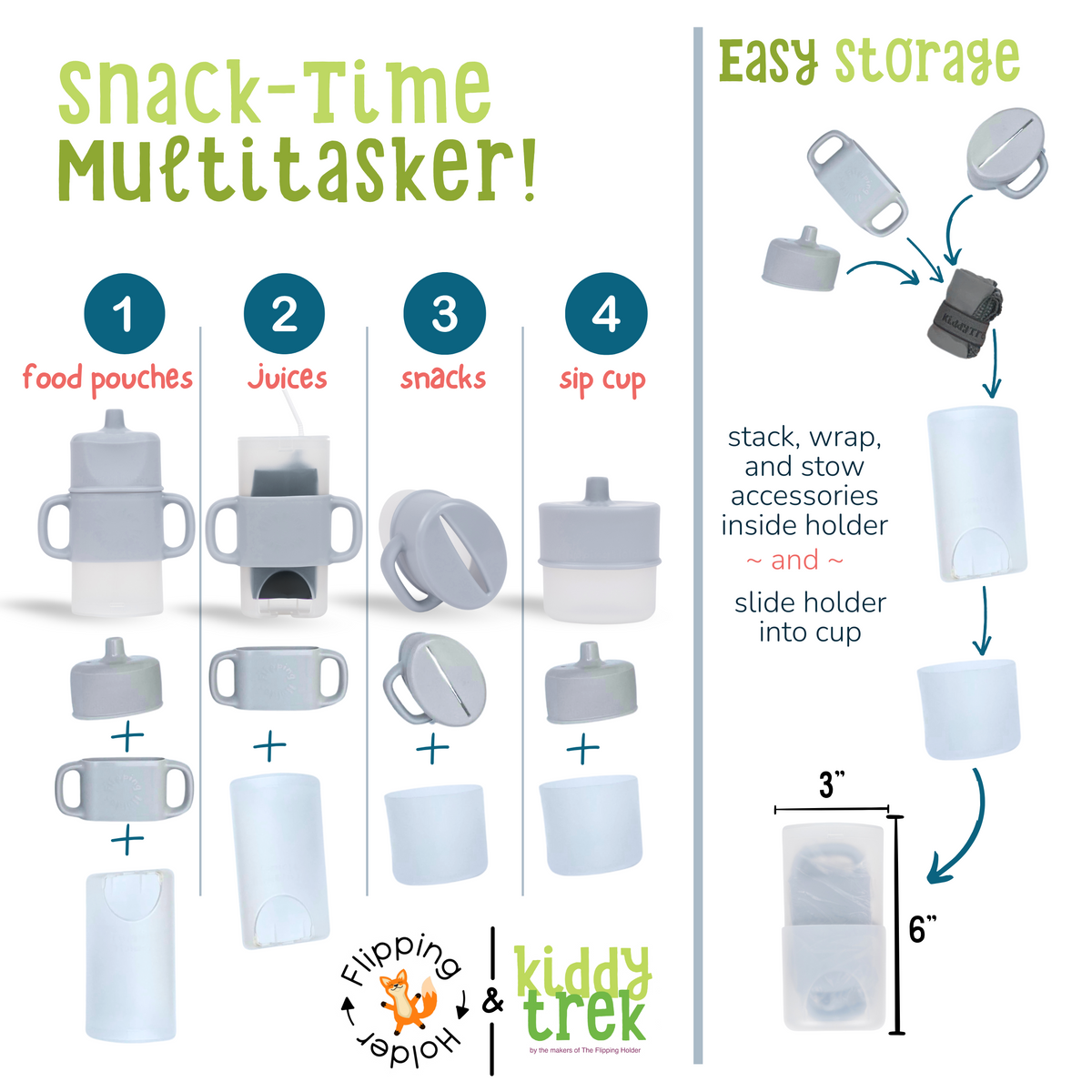 Flipping Holder KiddyTrek 4-in-1 nursing and feeding set with raspberry food pouch, juice box holder, snack cup, and sip cup.