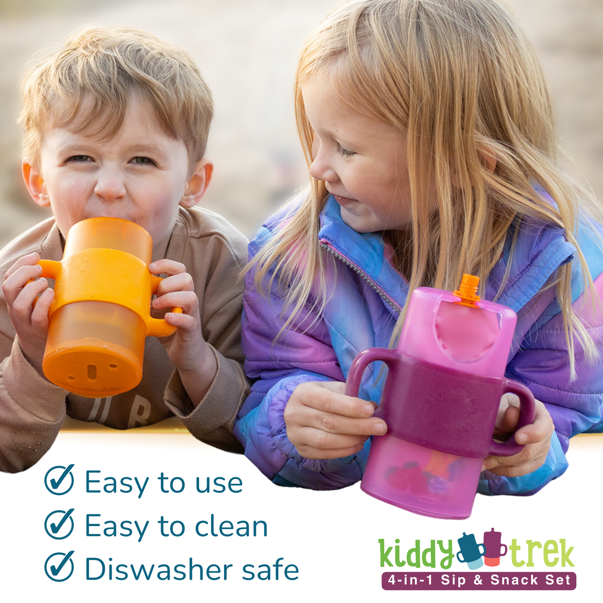 Flipping Holder KiddyTrek 4-in-1 nursing and feeding set with raspberry food pouch, juice box holder, snack cup, and sip cup.