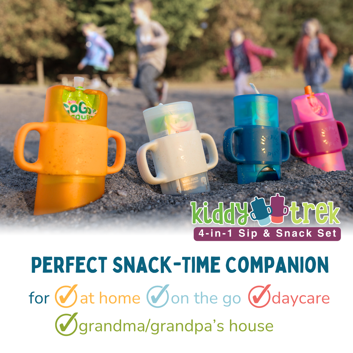 Flipping Holder KiddyTrek 4-in-1 nursing and feeding set with raspberry-colored food pouch, juice box holder, snack cup, and sip cup.