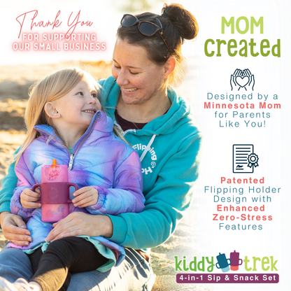 Flipping Holder KiddyTrek 4-in-1 nursing and feeding set with raspberry food pouch, juice box holder, snack cup, and sip cup.