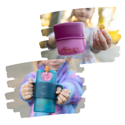 Flipping Holder KiddyTrek 4-in-1 nursing and feeding set with raspberry snack cup, juice box holder, food pouch, and sip cup.