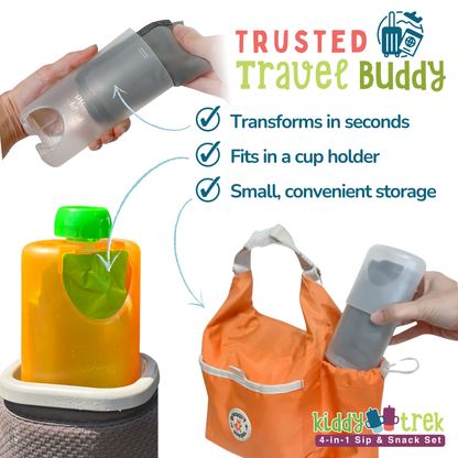 Flipping Holder KiddyTrek 4-in-1 nursing and feeding set with raspberry food pouch, juice box holder, snack cup, and sip cup.