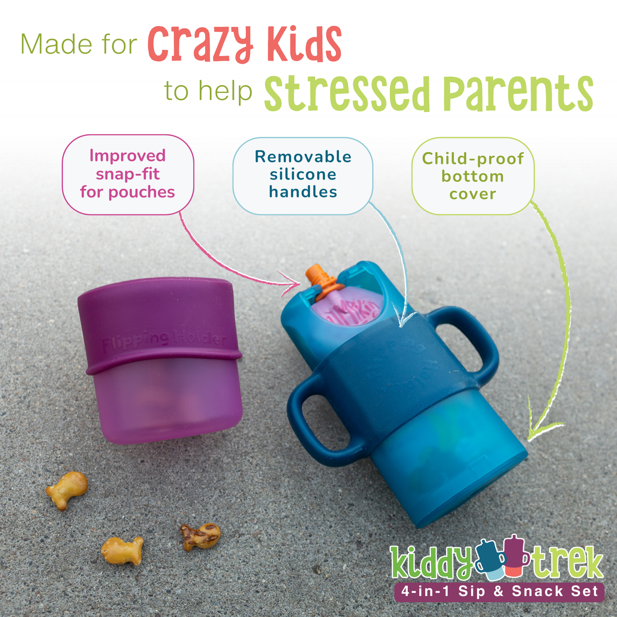 Flipping Holder KiddyTrek 4-in-1 nursing and feeding set with raspberry-colored food pouch, juice box holder, snack cup, and sip cup
