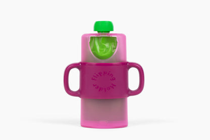 Flipping Holder KiddyTrek 4-in-1 nursing and feeding set with food pouch, juice box holder, snack cup, and sip cup in raspberry color.